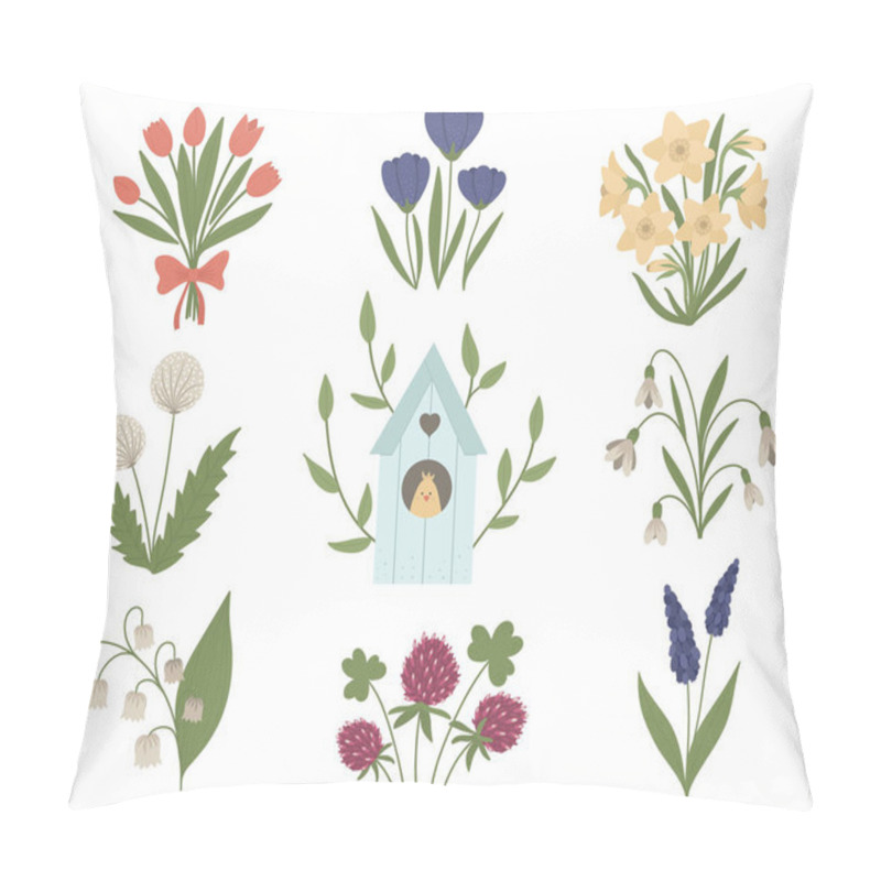 Personality  Vector Set Of Cute Flat Spring Flowers And Starling-house With C Pillow Covers