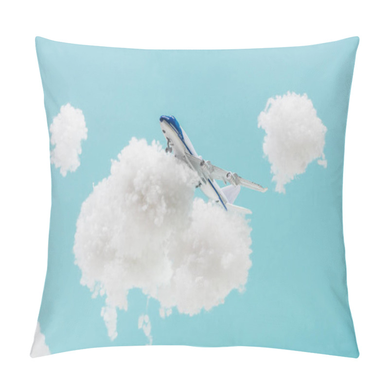 Personality  Toy Plane Flying Among White Fluffy Clouds Made Of Cotton Wool Isolated On Blue Pillow Covers