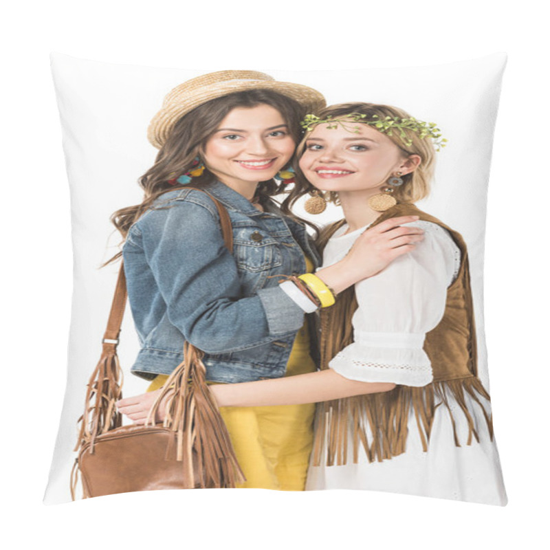 Personality  Two Bisexual Hippie Girls Embracing Isolated On White Pillow Covers