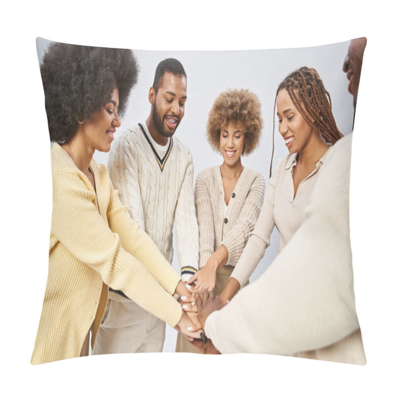 Personality  Cheerful African American People Stacking Hands Together On Grey Background, Juneteenth Concept Pillow Covers