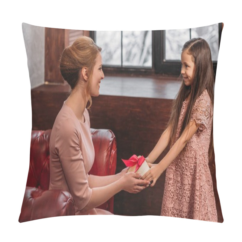 Personality  Daughter Giving Present To Happy Young Mother For Mothers Day Pillow Covers