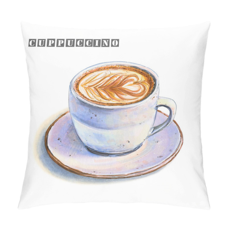 Personality  Illustration Of A Ceramic Cup On A Saucer With A Tasty Cappuccino And A Beautiful Pattern On Milk Foam. Colorful Sketch Of Tasty Sweet Coffee Drink. Drawn By Professional Markers. Pillow Covers