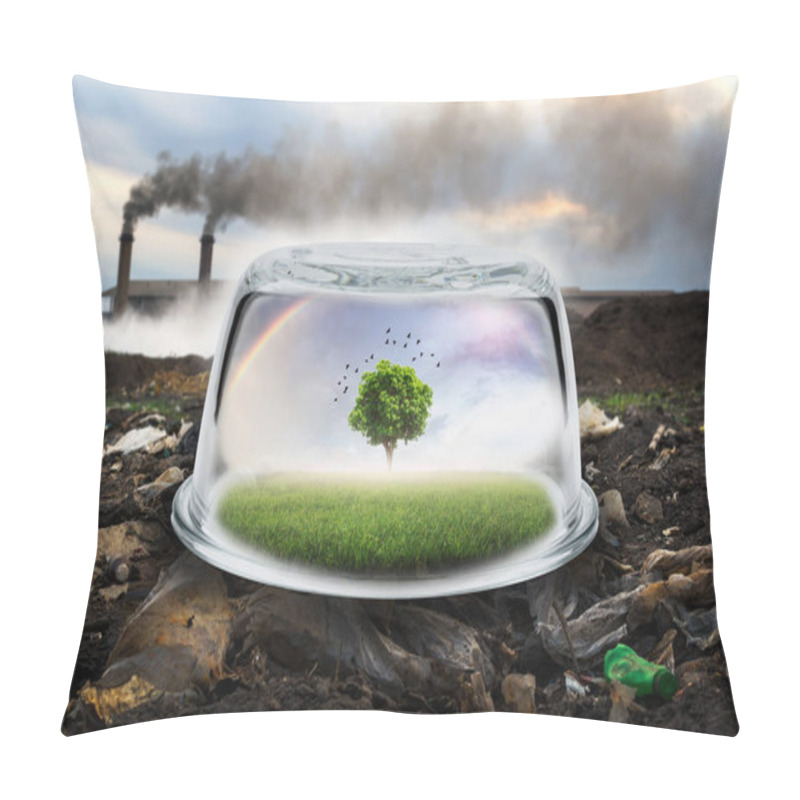 Personality  Environmental Protection Concept, Lonely Tree On The Lush Green Fields And Flocks Of Birds Represents A Good Environment Within The Glass To Protect The Environment From Pollution. Pillow Covers