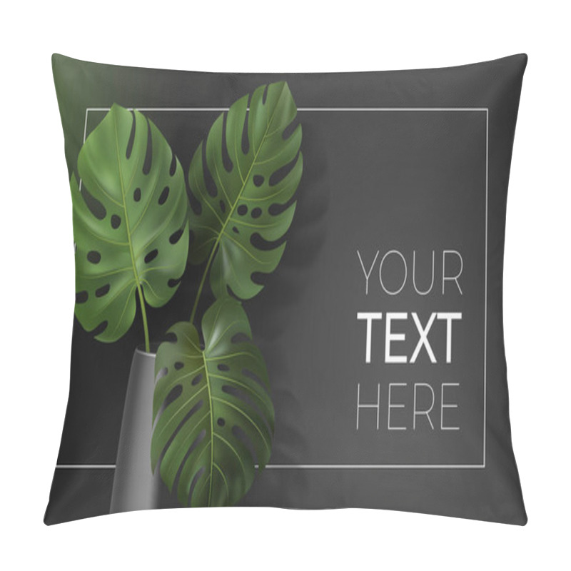 Personality  Vector Poster With Green Tropical Leaves Monstera In Vase On Dark Background. Botanical Illustration With Copy Space For Your Text In Frame For Interior, Home Decor, Poster, Banner, Card, Ad, Design Pillow Covers