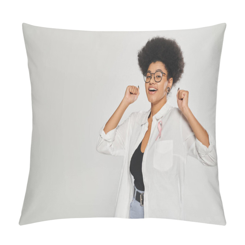 Personality  Excited African American Woman With Pink Ribbon Of Breast Cancer Standing Isolated On Grey Pillow Covers