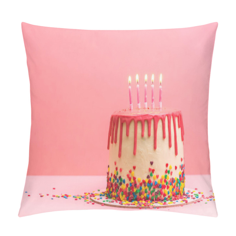 Personality  Cake And Presents Girl Birthday, Mother's Day. Pink Cake With Five Candles. Sweet Party. Place For Text. Happy Birthday And Holiday Concept. Congratulation Pillow Covers