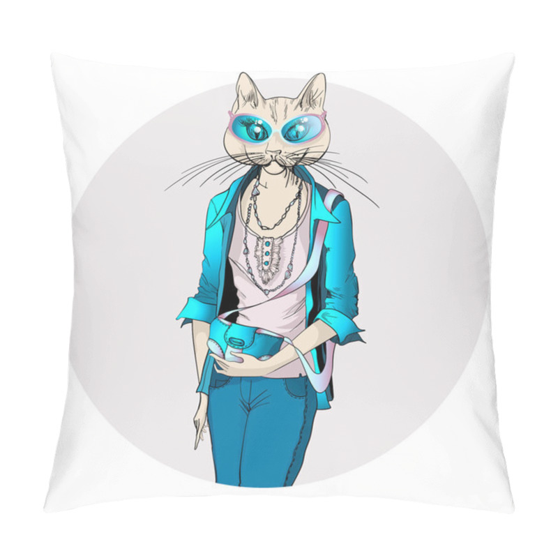 Personality  Fashion Illustration Of Cat Girl Dressed Up In Casual Style Pillow Covers