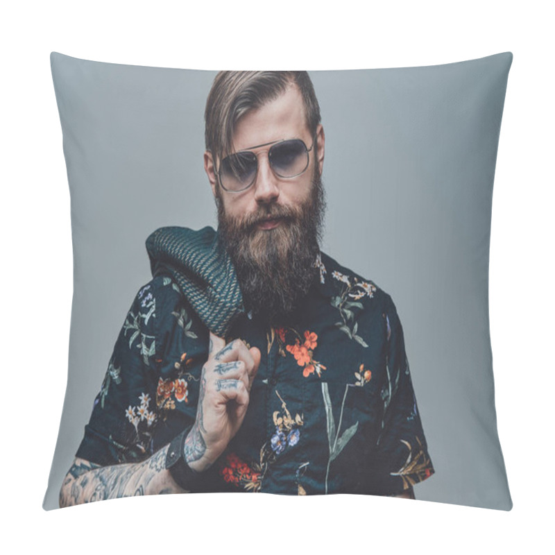 Personality  Attractive Man With Beard And Stylish Coiffure Holding Jacket Pillow Covers