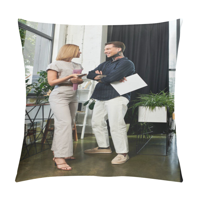 Personality  Two Young Professionals Share Ideas And Laughter While Standing Among Lush Office Plants. Pillow Covers