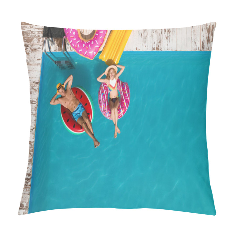 Personality  Happy Couple With Inflatable Rings In Swimming Pool, Top View. Summer Vacation Pillow Covers