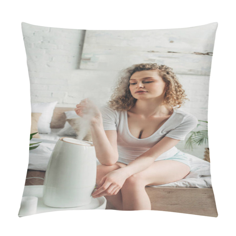 Personality  Attractive Girl Sitting In Bedroom With Air Purifier And Tulip Flowers Pillow Covers