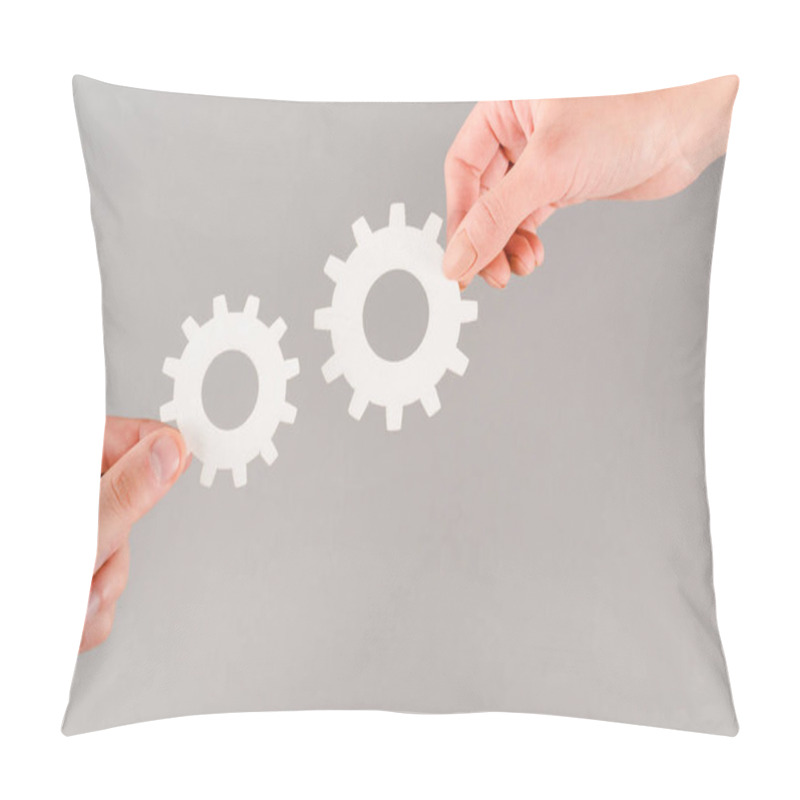 Personality  Cropped View Of People Holding White Gears Isolated On Grey Pillow Covers