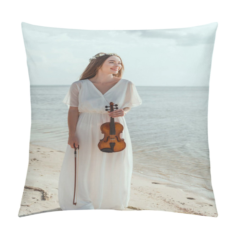 Personality  Beautiful Smiling Girl In Elegant Dress Holding Violin On Beach Pillow Covers