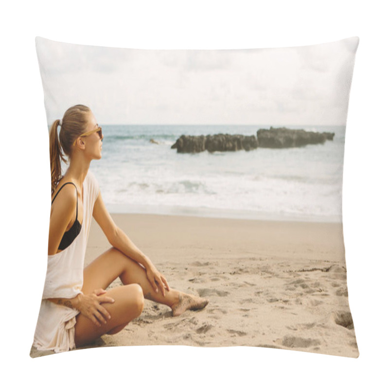 Personality  Pretty Woman In Casual Clothes Sit On The Sand And Look To The Waterline. Sexy Lady On Tropical Exotic Sea Beach Sunset Or Ocean Sunrise. Travel, Explore, Active Yoga And Meditation Lifestyle Concept. Pillow Covers