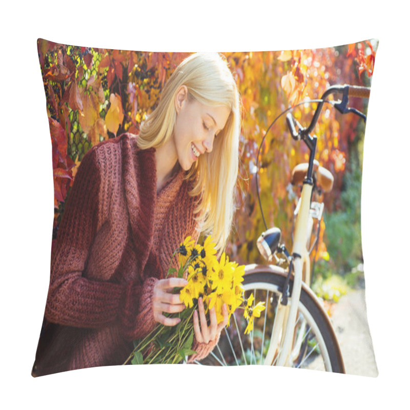 Personality  Woman With Bicycle Autumn Garden. Weekend Activity. Active Leisure And Lifestyle. Girl Ride Bicycle For Fun. Blonde Enjoy Relax Park Garden. Autumn Bouquet. Warm Autumn. Girl With Bicycle And Flowers Pillow Covers