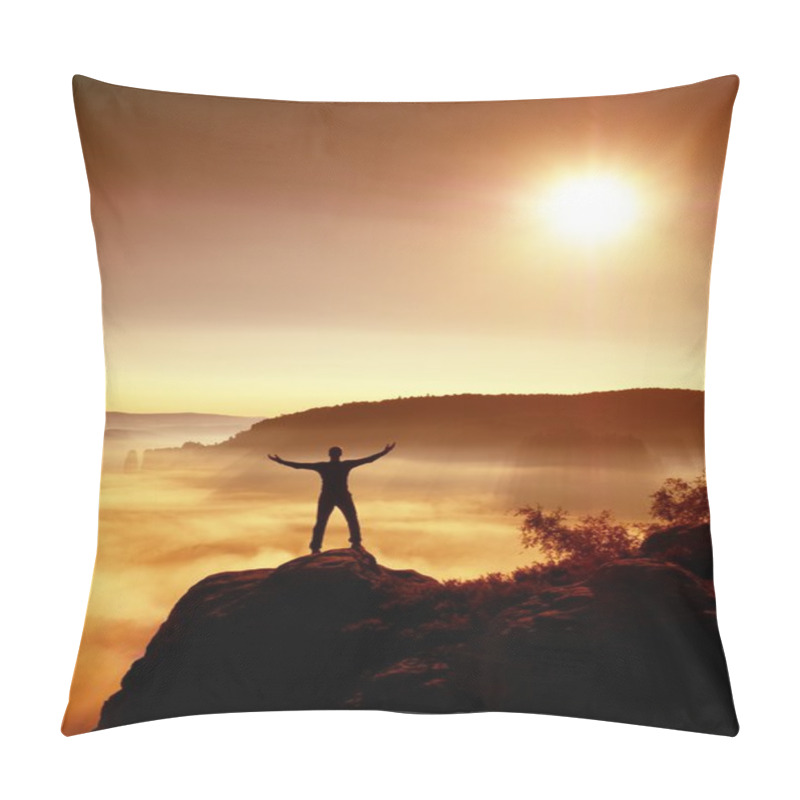 Personality  Happy Man Gesture Raised Arms. Funny Hiker With Raised Hands  Pillow Covers