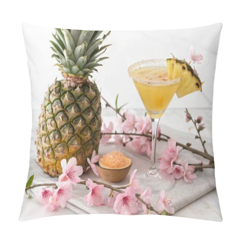 Personality  A Still Life Photo Featuring A Pineapple And A Cocktail Drink. The Pineapple Is A Large, Spiky Fruit With A Distinct Pattern Of Scales And A Natural, Earthy Color Palette. The Cocktail Drink Is Served In A Classic Margarita-style Glass, With A Citrus Pillow Covers