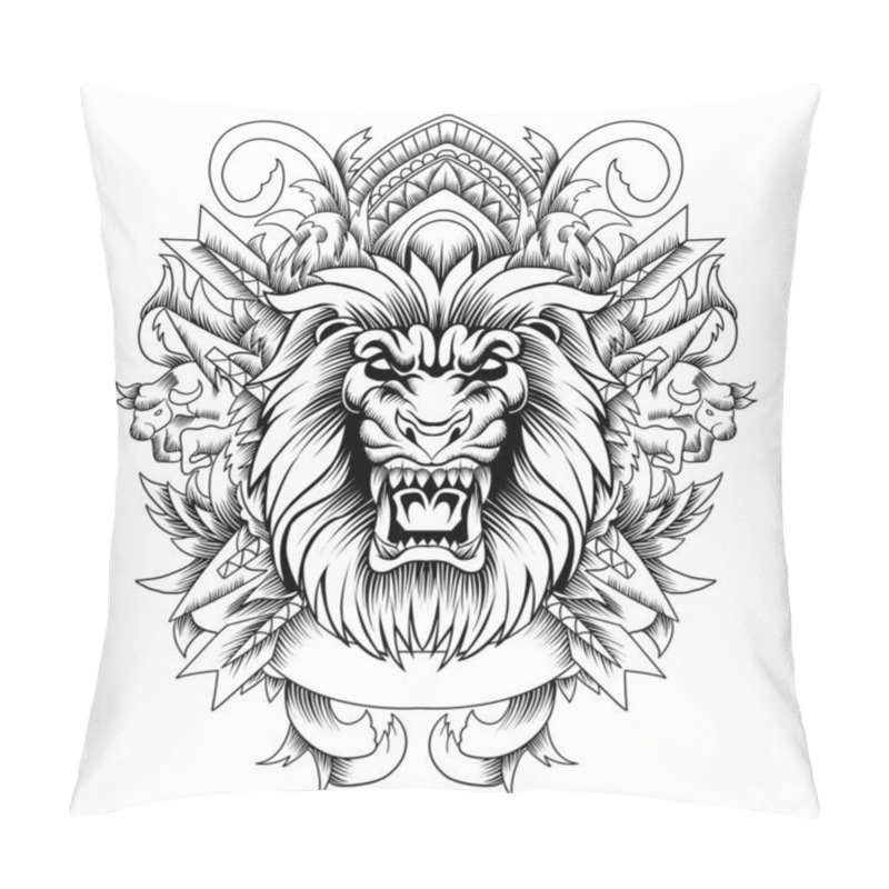 Personality  Lion Head With Ornament Vector In Black And White Pillow Covers