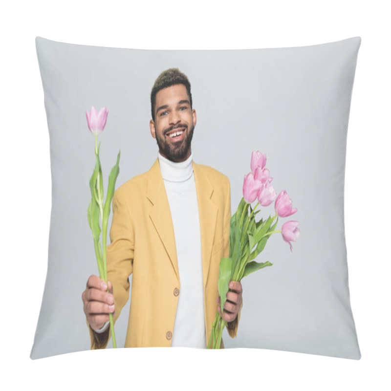 Personality  Joyful African American Man In Stylish Outfit Holding Bouquet Of Pink Tulips Isolated On Grey  Pillow Covers