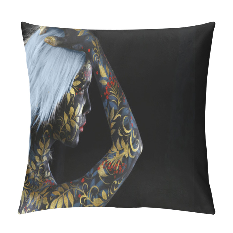 Personality  Body Art Portrait Of A Girl In The Style Of Khokhloma And Gzhel On A Black Background Studio Pillow Covers