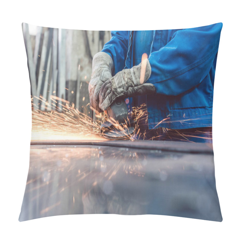 Personality  Worker In Metal Factory Grinding Workpiece With Sparks Flying Pillow Covers