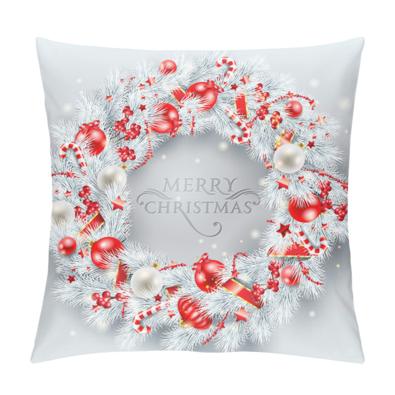 Personality  Christmas Decoration. The Wreath Made Of White Pine Branches Wit Pillow Covers