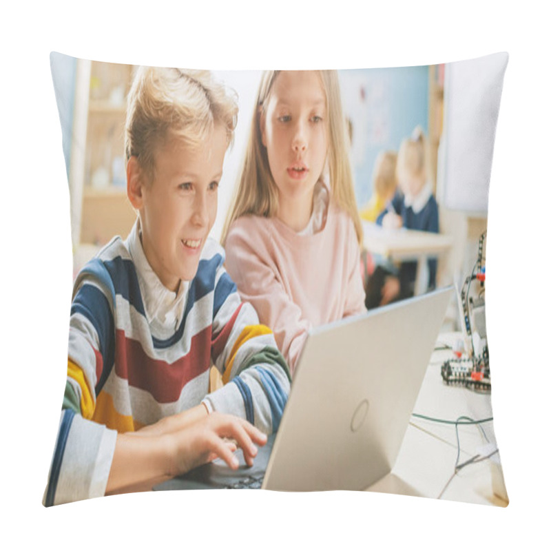 Personality  Brilliant Schoolgirl And Schoolboy Talk And Use Laptop To Program Software For Robotics Engineering Class. Elementary School Science Classroom With Children Working On Technology. STEM Education Pillow Covers