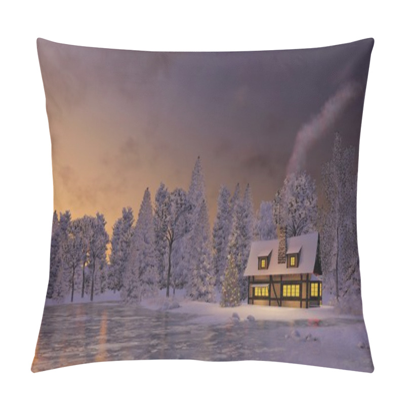 Personality  Illuminated Rustic House And Christmas Tree At Evening Pillow Covers