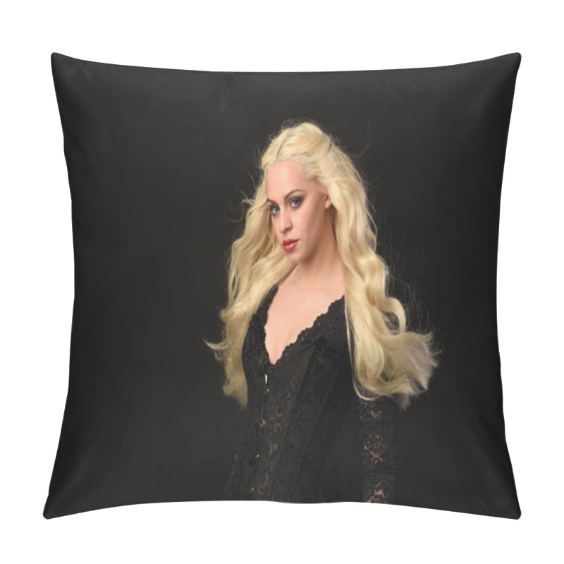 Personality  Close Up Portrait Of Blonde Girl Wearing Black Lace Dress. Black Studio Background. Pillow Covers