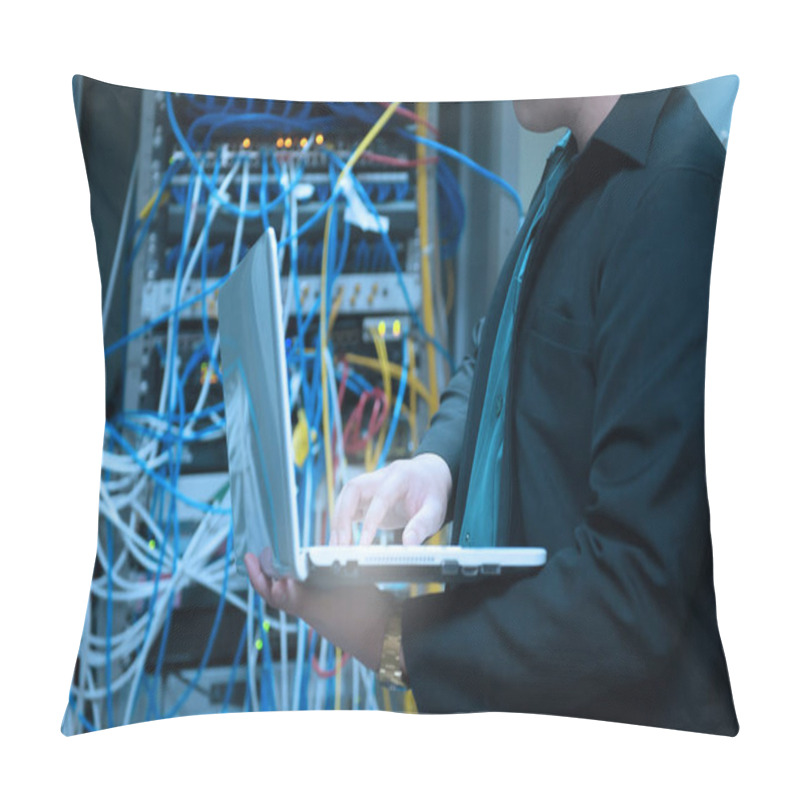 Personality  Engineer With Toolboxs Come To Server Room For Work,check Problem Of Network,repair Server In The Server Room,thailand People,asian Man Pillow Covers