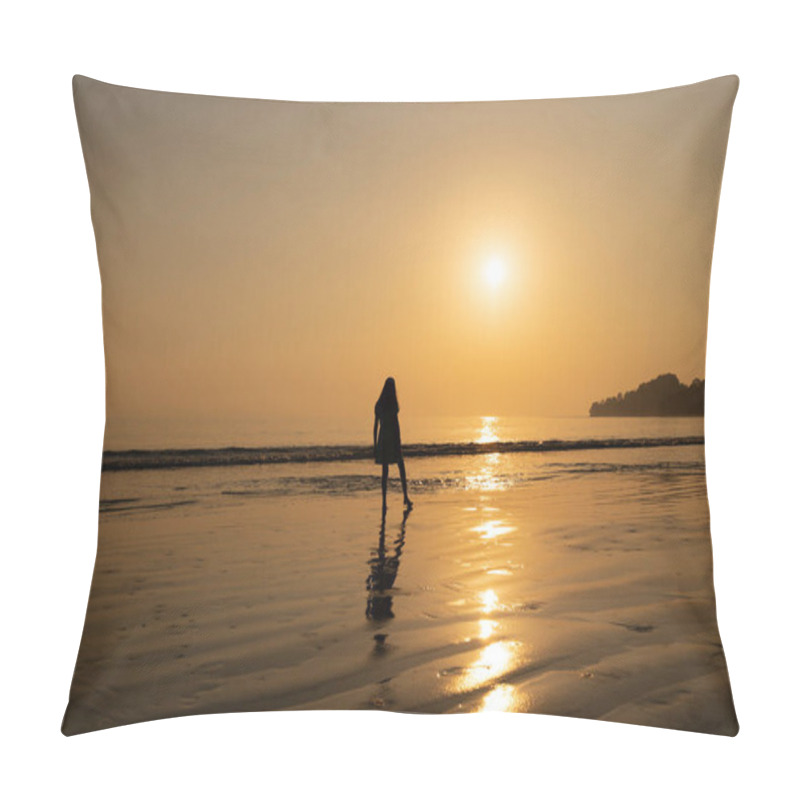 Personality  Stunning Silhouette Of A Girl Walking Along Havelock Beach During A Tranquil Sunset. The Sun Nears The Horizon As Gentle Waves Lap The Sandy Shore. Pillow Covers