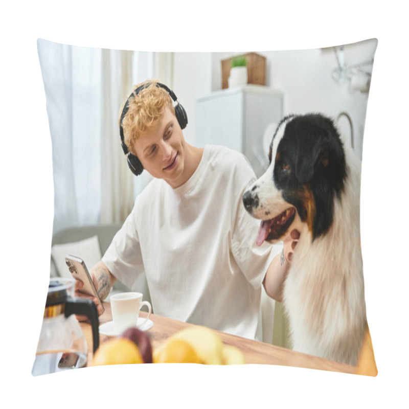 Personality  Redhead Man Relaxes With His Australian Shepherd Dog In A Stylish Apartment, Sharing Moments. Pillow Covers