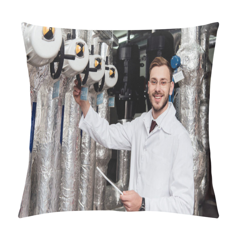 Personality  Cheerful Bearded Engineer In White Coat Holding Digital Tablet Near Air Supply System  Pillow Covers