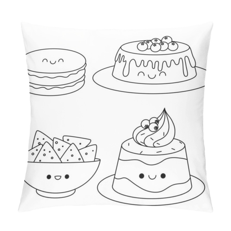 Personality  Set Of Matcha Cake Mousse, Flan With Berries Cream, Chip Potato Handdrawn Dessert Doodle Drawing Coloring Page Vector Illustration Pillow Covers