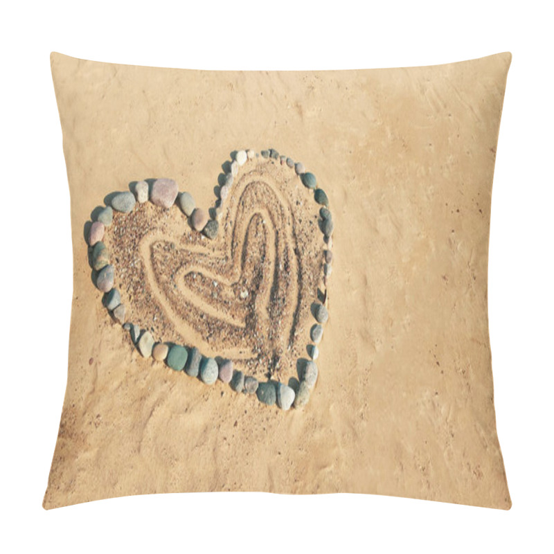 Personality  The Heart Shape Is Made From Various Stones On The Sand In The Beach. Love, Marriage,  Honeymoon,  And Valentine Day Concept. Pillow Covers