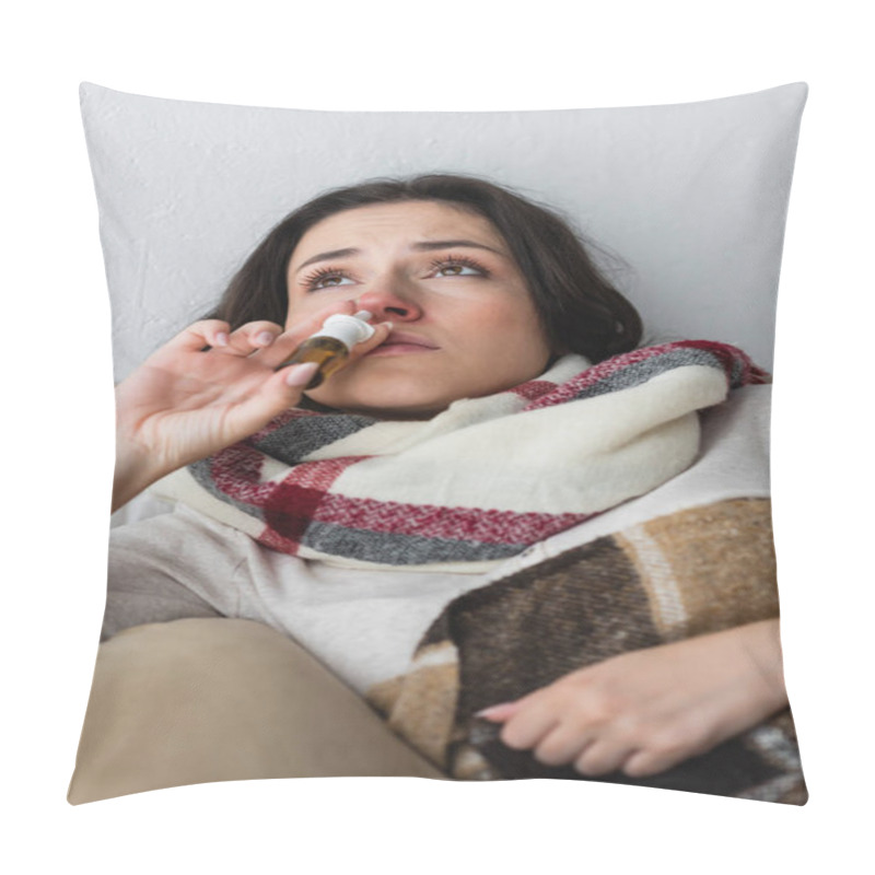 Personality  Diseased Woman In Warm Scarf Using Nasal Spray In Bed Pillow Covers