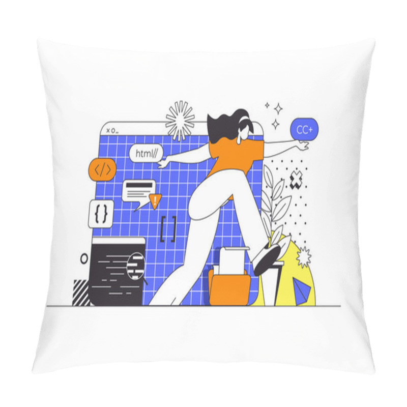 Personality  Programming Software Web Concept In Flat Outline Design With Character. Woman Developer Coding In Different Languages, Creates Programs And Optimizes Software, People Scene. Vector Illustration. Pillow Covers