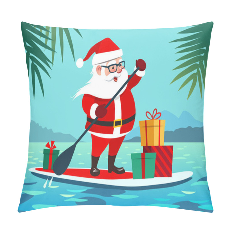 Personality  Cute Santa Claus On Paddle Board With Gifts Against Tropical Ocean Background Vector Cartoon Illustration. Christmas In July, Summer, Vacation, Resort, Warm Climate Theme For Posters, Greeting Cards.  Pillow Covers