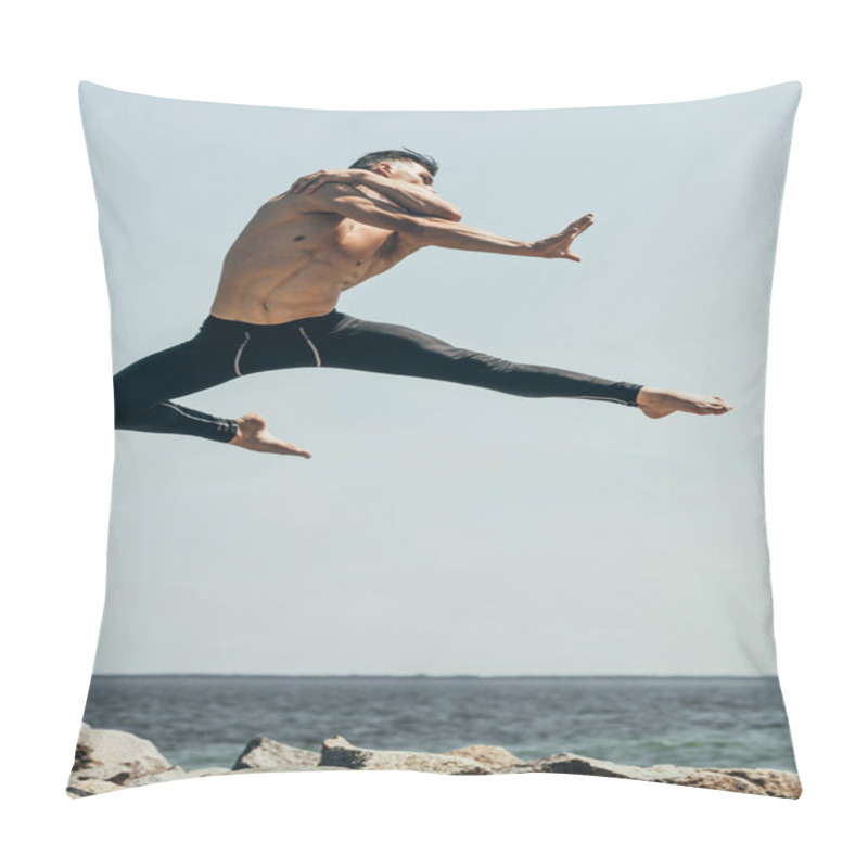 Personality  Handsome Shirtless Dancer Jumping Over Rocky Seashore Pillow Covers