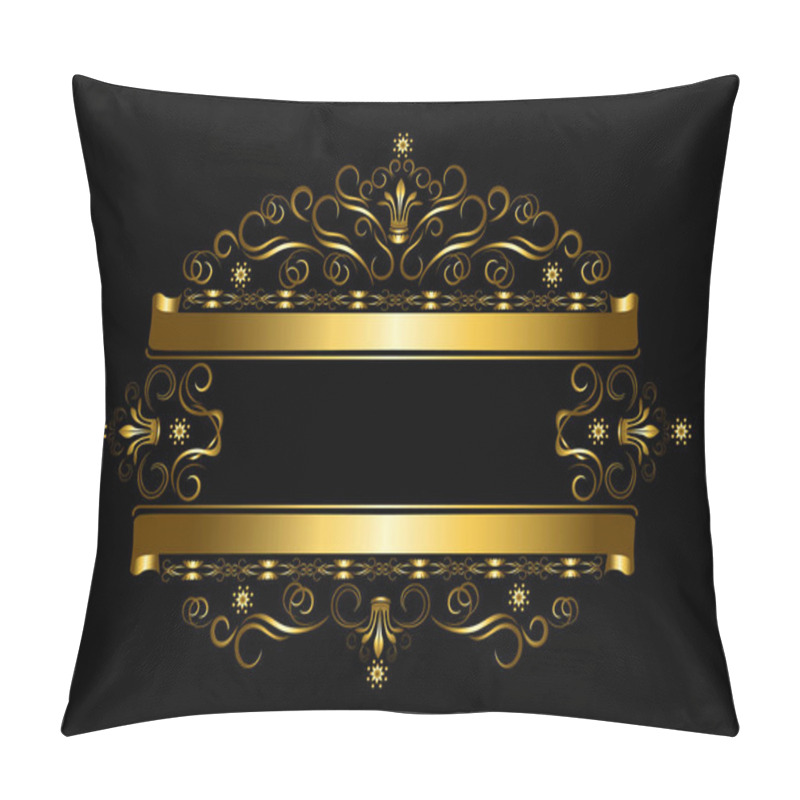 Personality  Vintage Gold Frame With Crowns And Of Calligraphic Details With Double Ribbon On Black Backgroun Pillow Covers