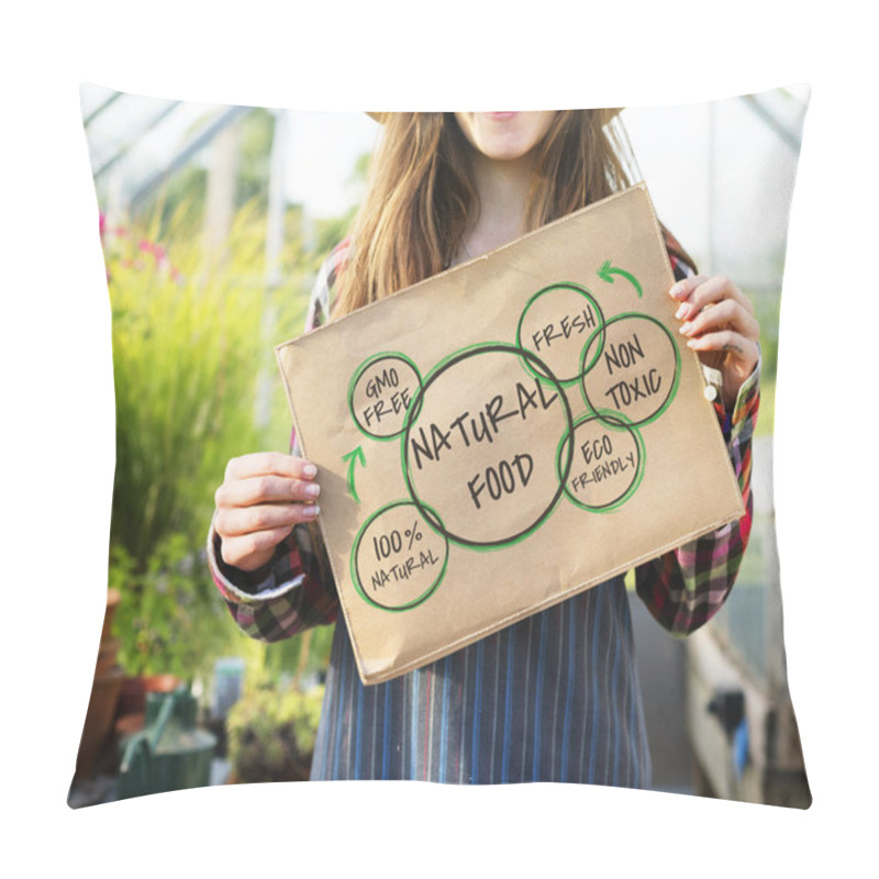 Personality  Woman Holding Paper Banner In Greenhouse Pillow Covers