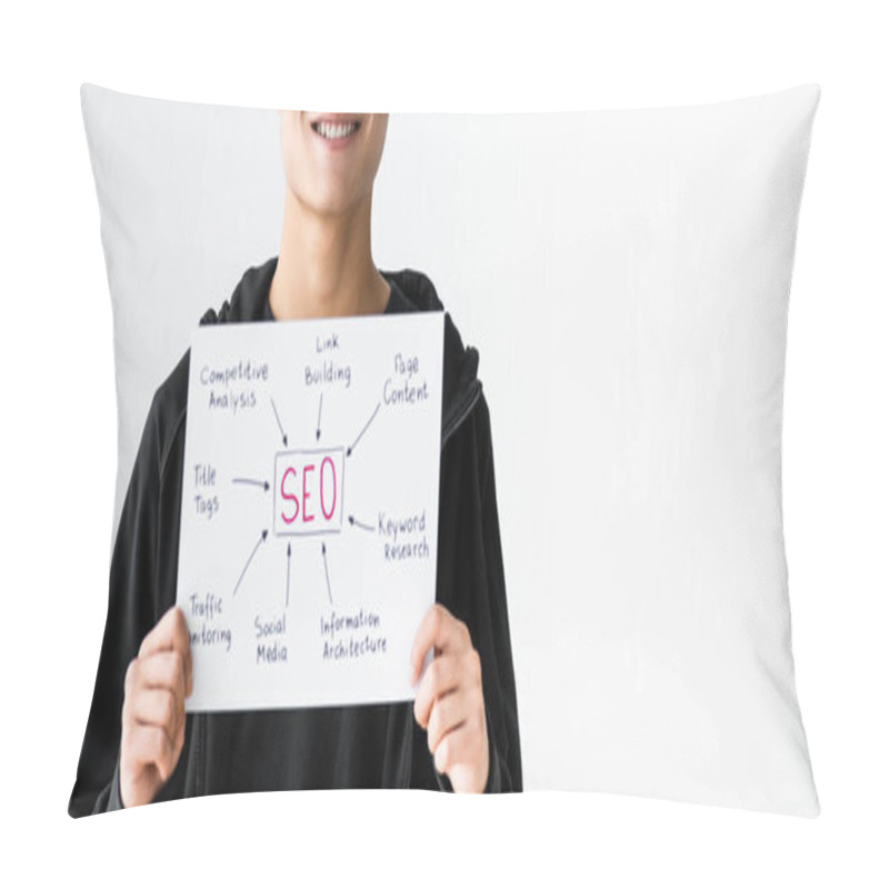 Personality  Panoramic Shot Of Seo Manager Holding Paper With Concept Words Of Seo  Pillow Covers