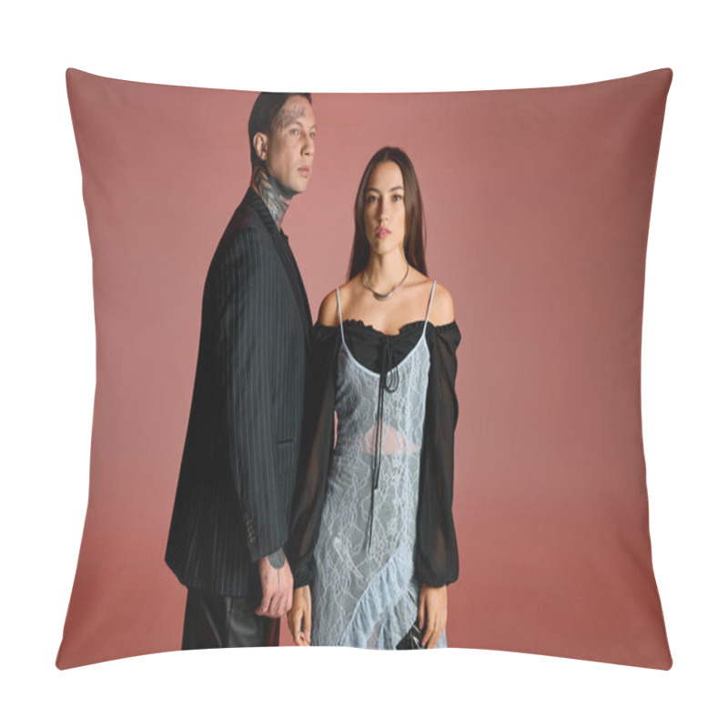 Personality  A Young Couple Stands Proudly Together, Flaunting Their Unique Style And Striking Looks. Pillow Covers