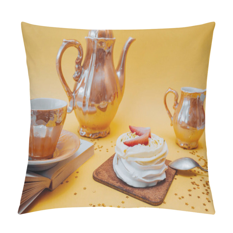 Personality  Bright And Beautiful Snack. White Cake Made Of Meringue, Cream And Fresh Strawberries And Golden Tea Utensils: A Mug, A Teapot And A Container For Cream On A Bright Yellow Background With Gold Stars Pillow Covers