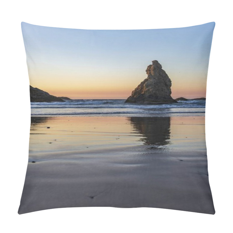 Personality  Tranquil Beach Sunset Reflecting On The Water With Rocky Formations In The Background. Pillow Covers