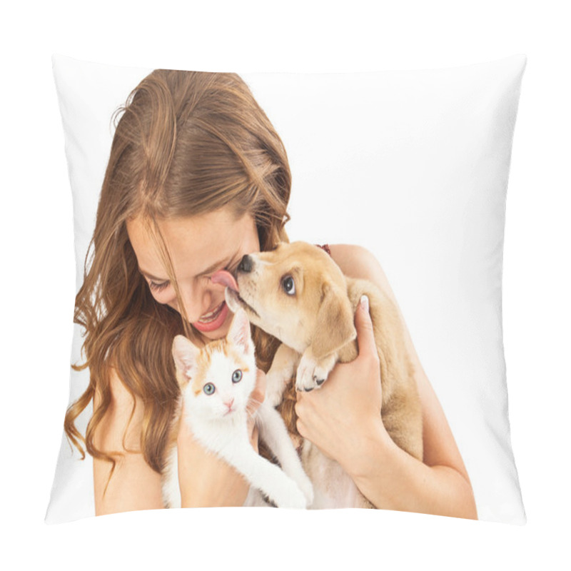 Personality  Young Girl Holding Kitten And Puppy Pillow Covers