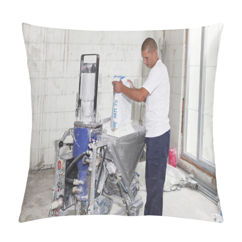 Personality  Contractor Making Plaster Concrete With Plastering Machine For House Plastering Walls. Electric Spray Plaster Machine. Automatic Cement Wall Screeding Plaster. Pillow Covers