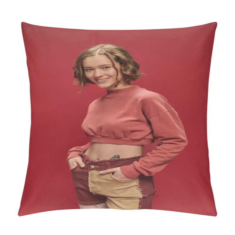 Personality  Personal Style, Happy Girl In Patchwork Pants And Cropped Long Sleeve With Hands In Pockets On Red Pillow Covers