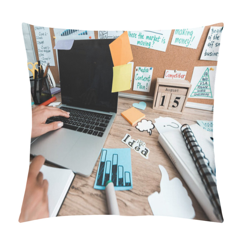 Personality  Selective Focus Of Woman Near Laptop With Blank Screen And Sticky Notes On Notice Board Pillow Covers