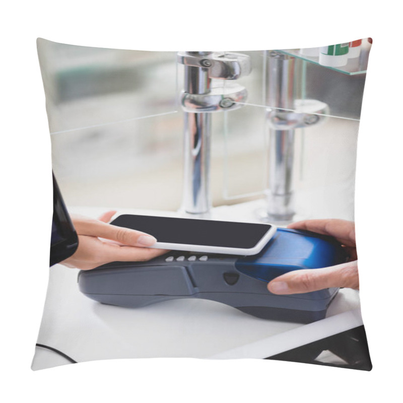 Personality  Cropped View Of Woman Holding Smartphone Over Payment Terminal In Drugstore  Pillow Covers